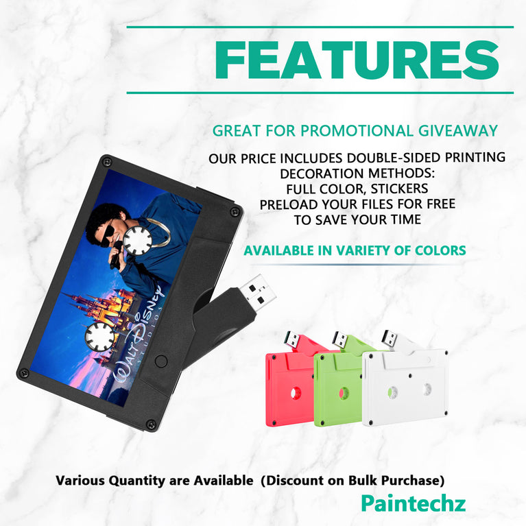 Paintechz Custom Cassette Tape USB Flash Drives Bulk, Personalized Logo or Text - 50 Pack