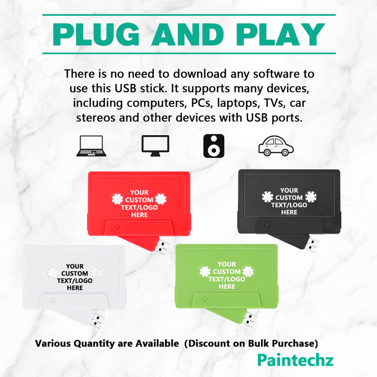 Paintechz Custom Cassette Tape USB Flash Drives Bulk, Personalized Logo or Text - 50 Pack