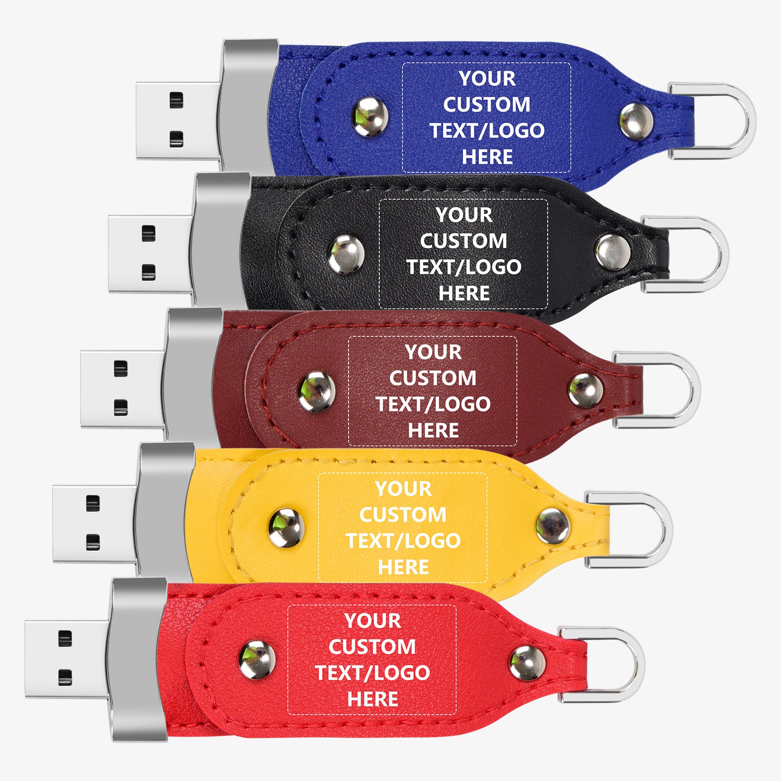 Custom Leather USB Flash Drives, Personalized Logo or Text - 50 Pack