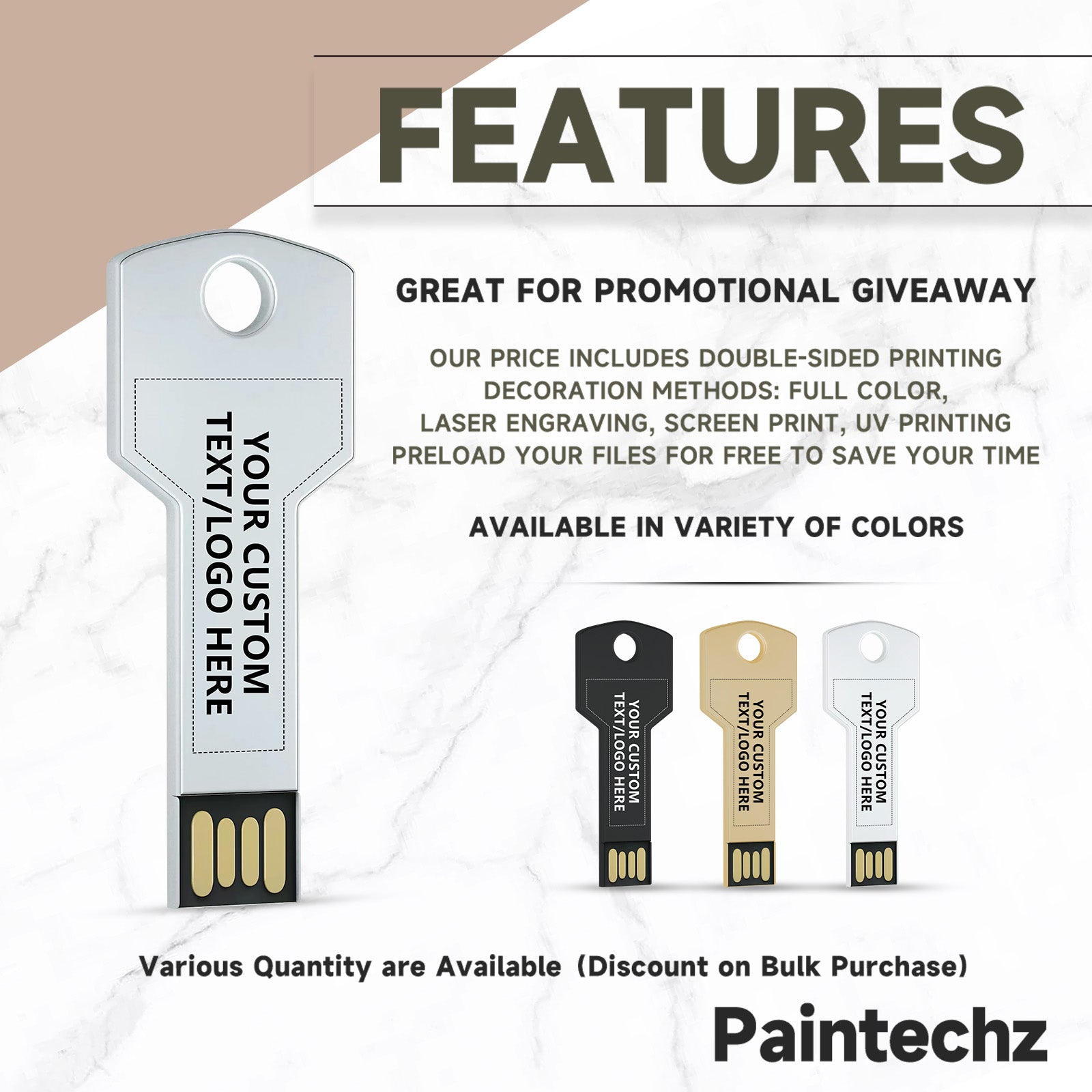 Custom Key USB Flash Drives Bulk, Personalized Logo or Text - 50 Pack