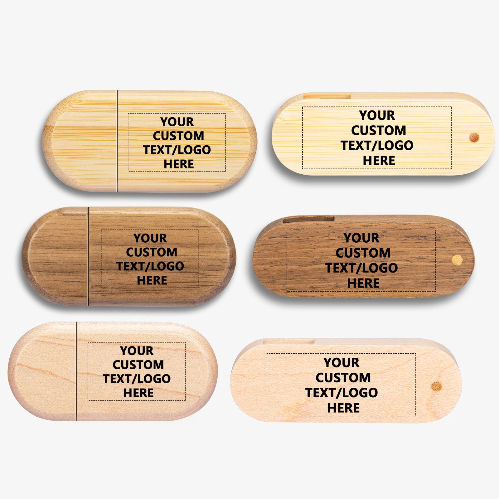 Custom Wood USB Flash Drives Bulk, Personalized Logo or Text - 50 Pack
