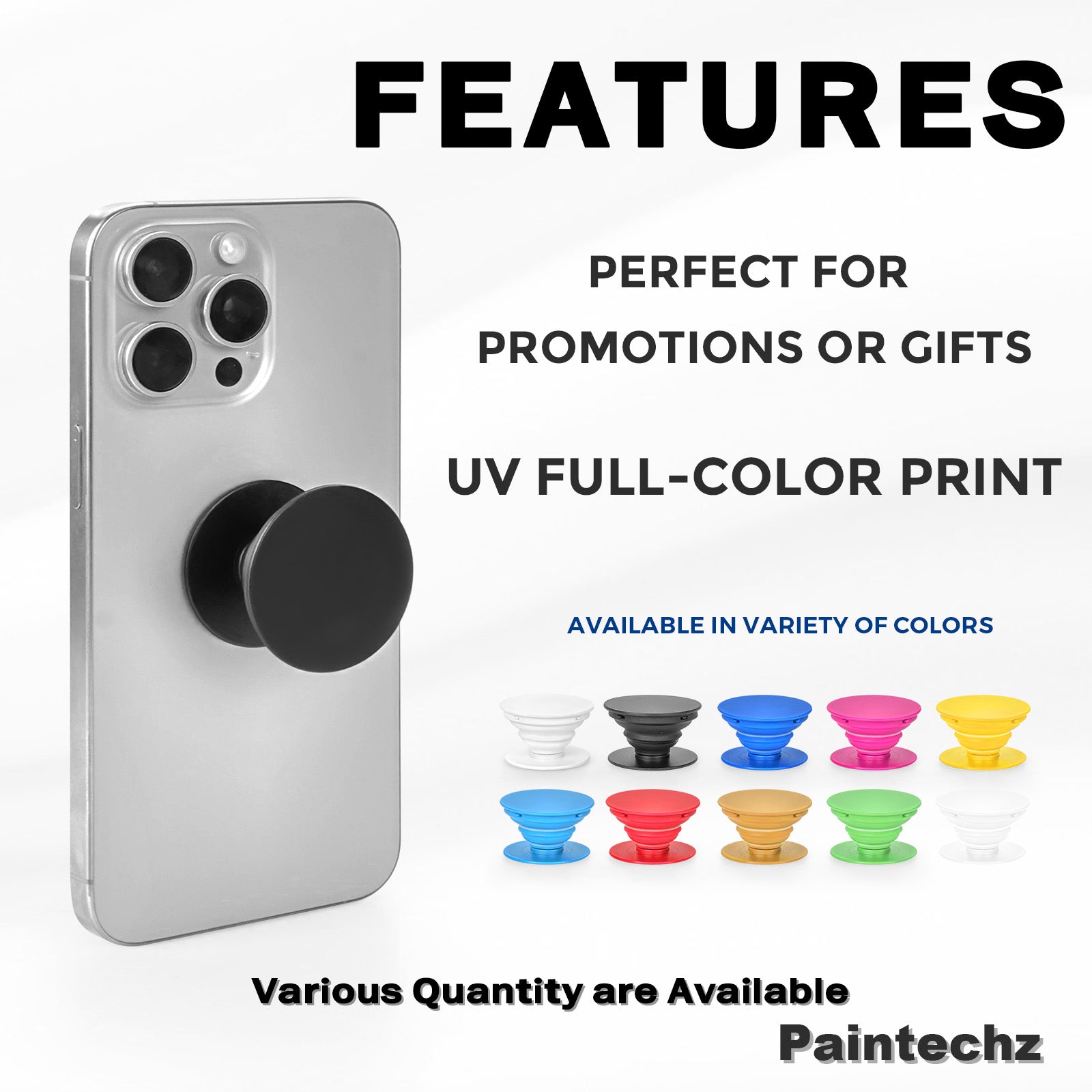 Custom Phone Grip with Expanding Kickstand, Adhesive Grip, Personalized Logo, Text