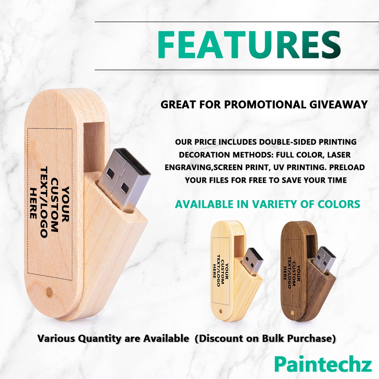 Custom Wood USB Flash Drives Bulk, Personalized Logo or Text - 50 Pack