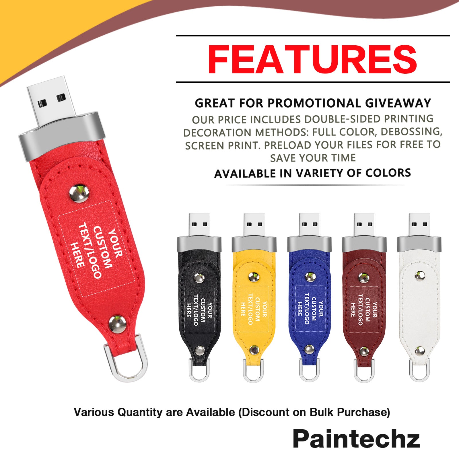 Custom Leather USB Flash Drives, Personalized Logo or Text - 50 Pack