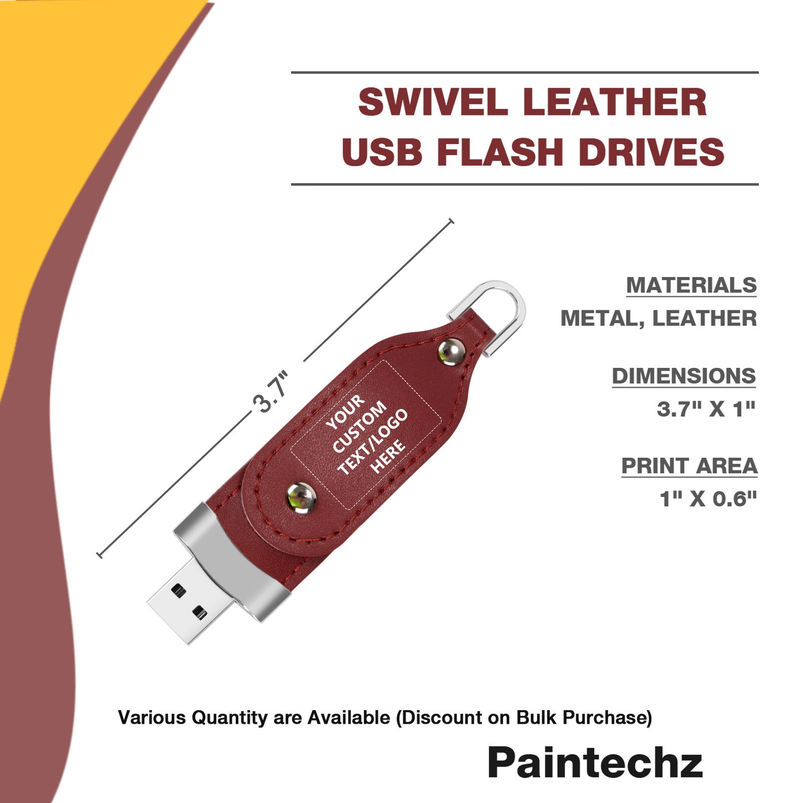 Custom Leather USB Flash Drives, Personalized Logo or Text - 50 Pack