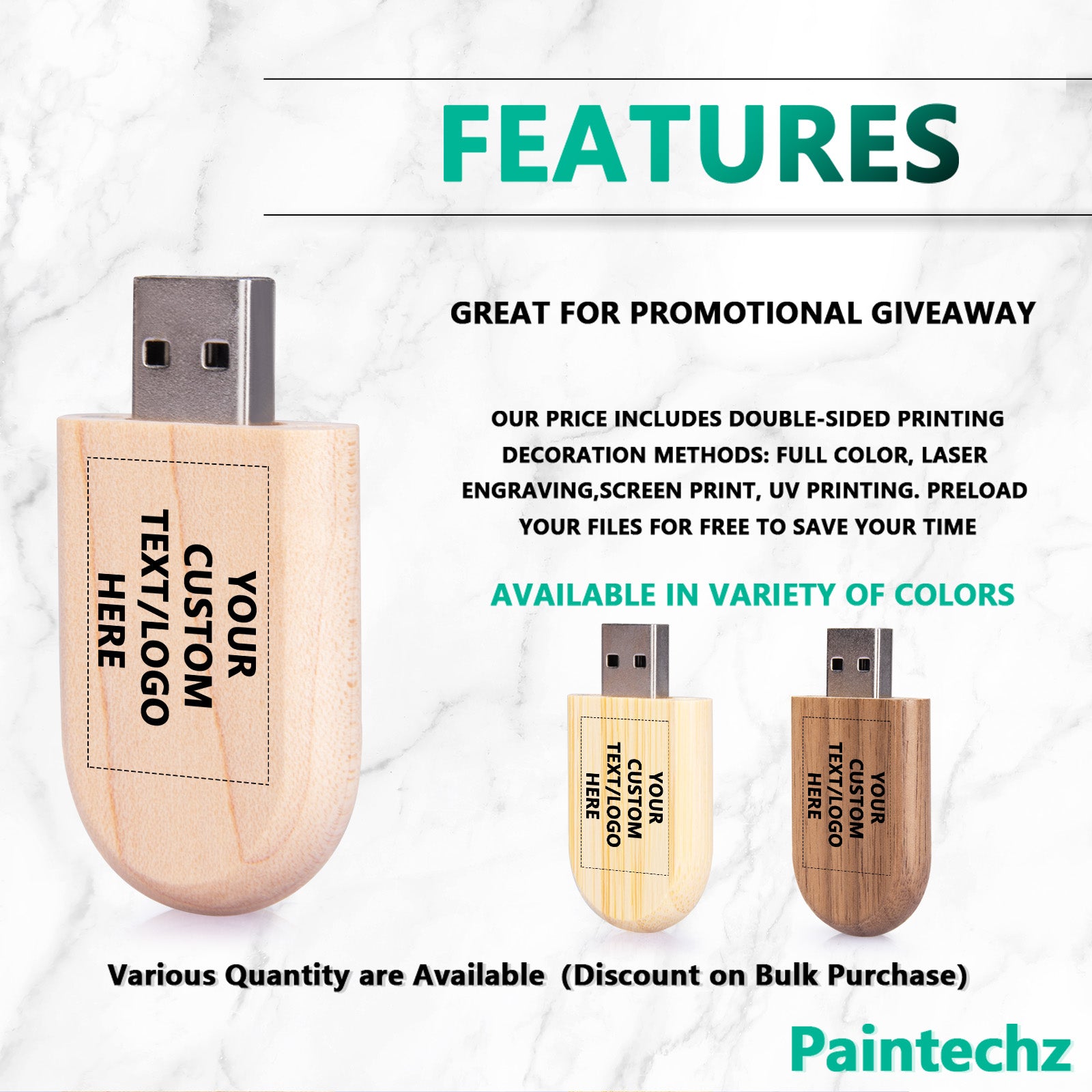 Custom Wood USB Flash Drives Bulk, Personalized Logo or Text - 50 Pack