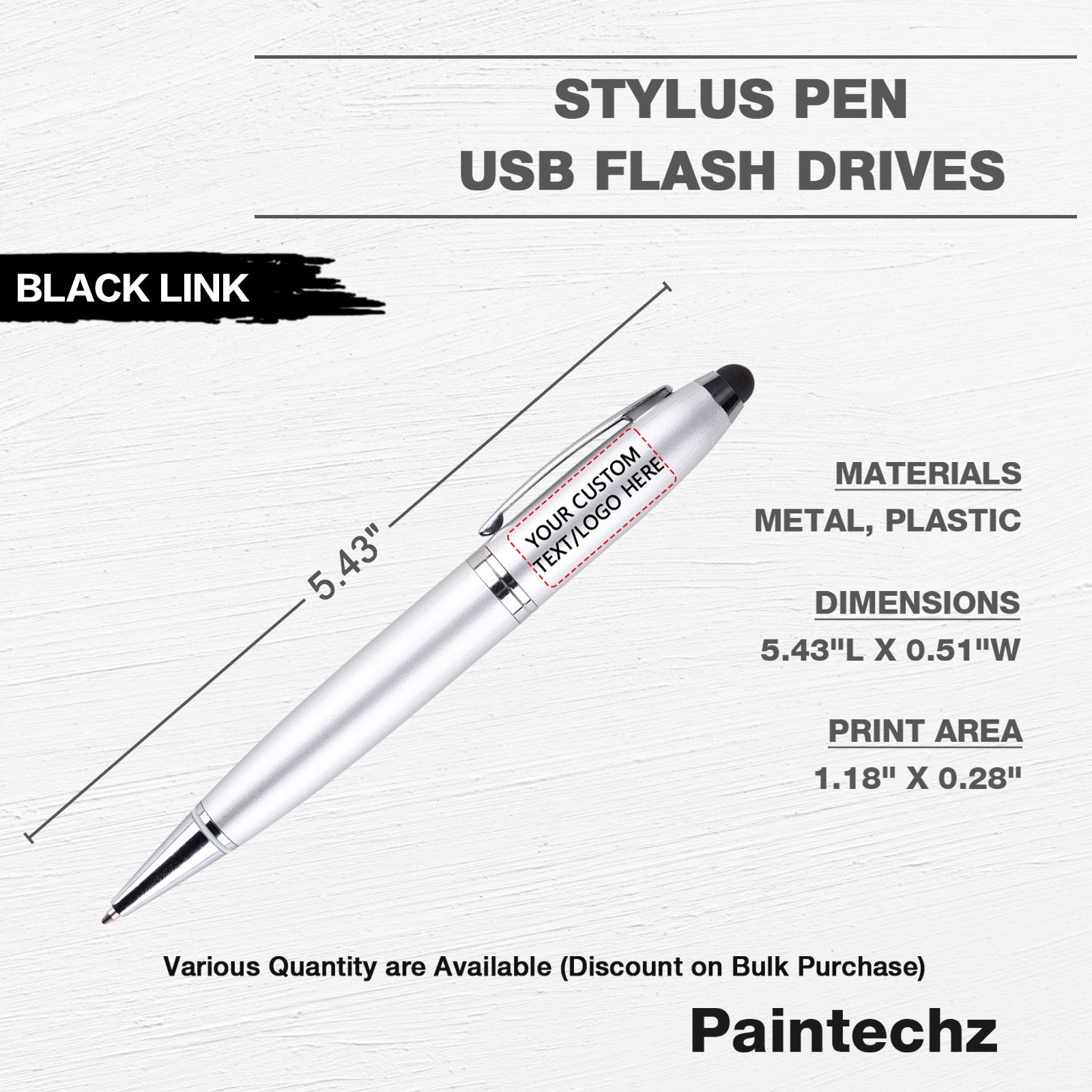 Custom Pen USB Flash Drives Bulk, Personalized Logo or Text - 50 Pack