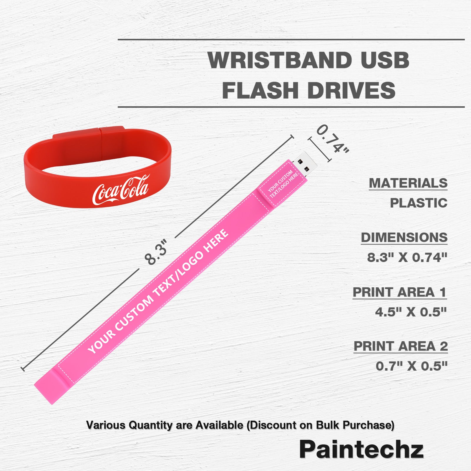 Custom Wristband USB Flash Drives Bulk, Personalized Logo or Text - 50 Pack