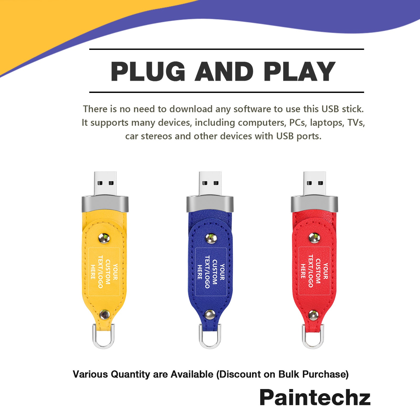 Custom Leather USB Flash Drives, Personalized Logo or Text - 50 Pack