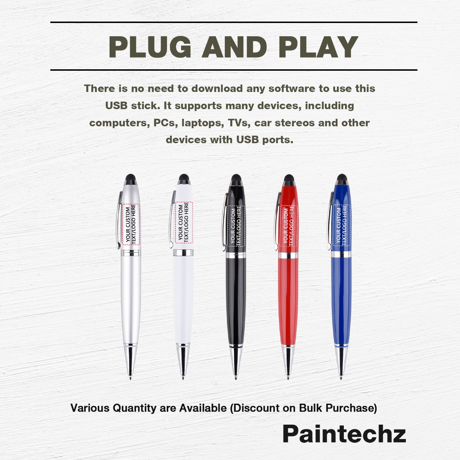 Custom Pen USB Flash Drives Bulk, Personalized Logo or Text - 50 Pack
