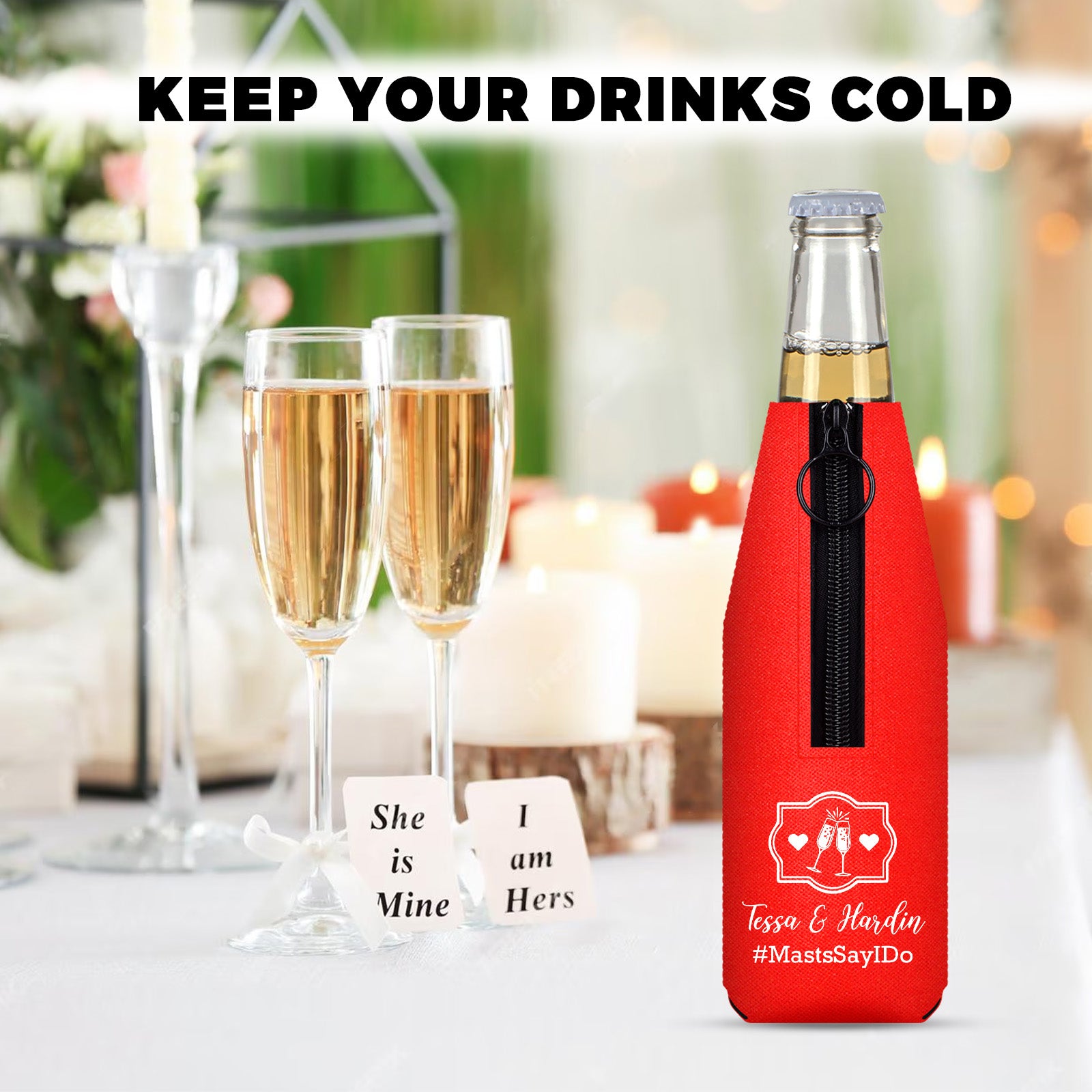 Custom Neoprene Zipper Beer Bottle Coolers, Personalized Logo, Photo or Text Bulk