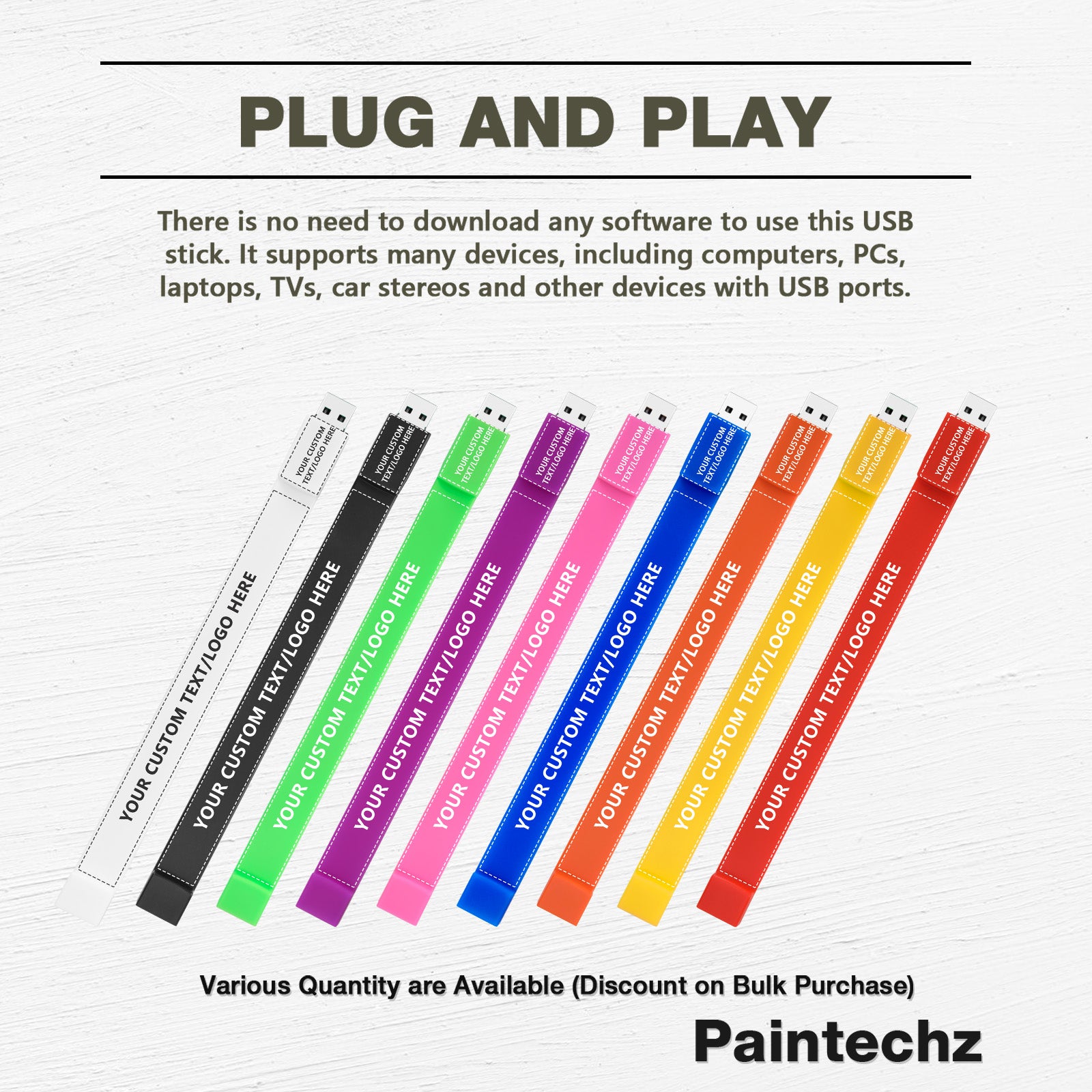 Custom Wristband USB Flash Drives Bulk, Personalized Logo or Text - 50 Pack
