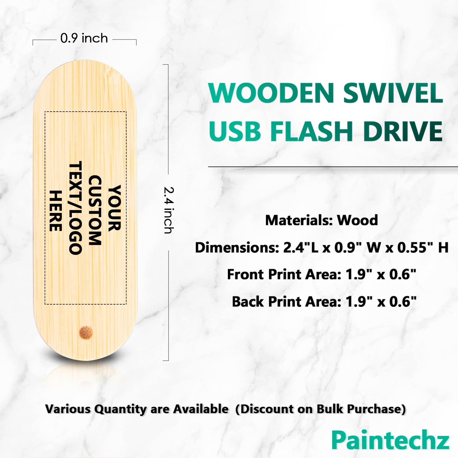 Custom Wood USB Flash Drives Bulk, Personalized Logo or Text - 50 Pack