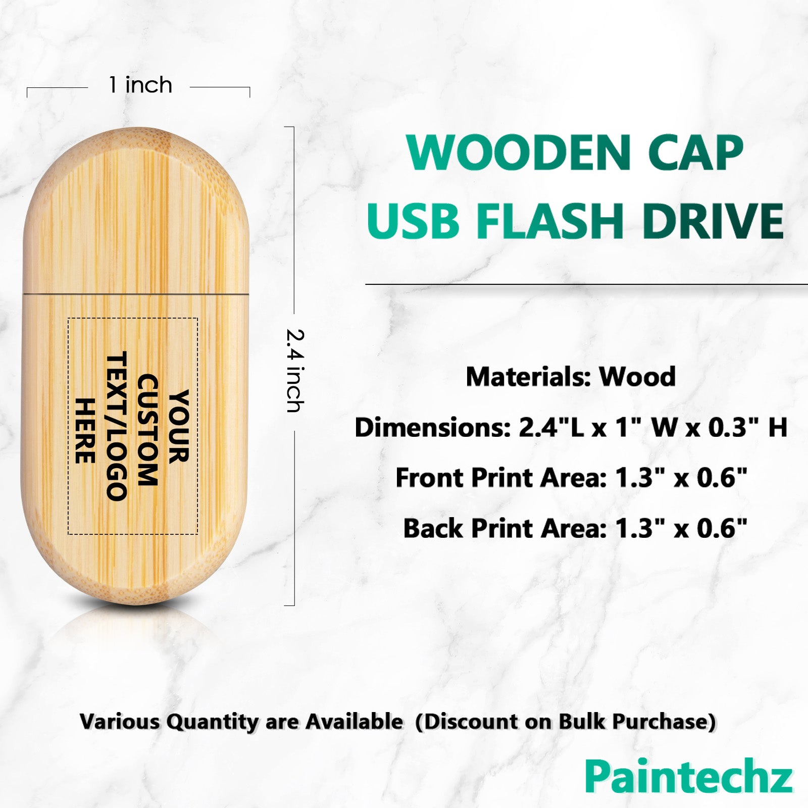Custom Wood USB Flash Drives Bulk, Personalized Logo or Text - 50 Pack