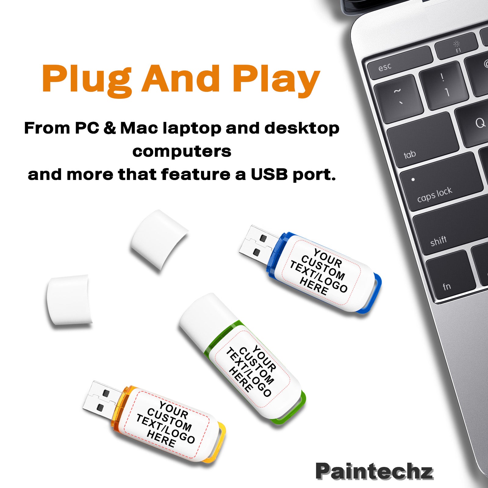Custom Anti-Lost Cap USB Flash Drives, Personalized Logo or Text - 50 Pack