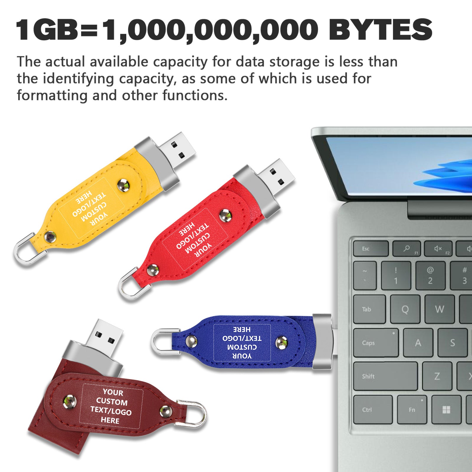 Custom Leather USB Flash Drives, Personalized Logo or Text - 50 Pack