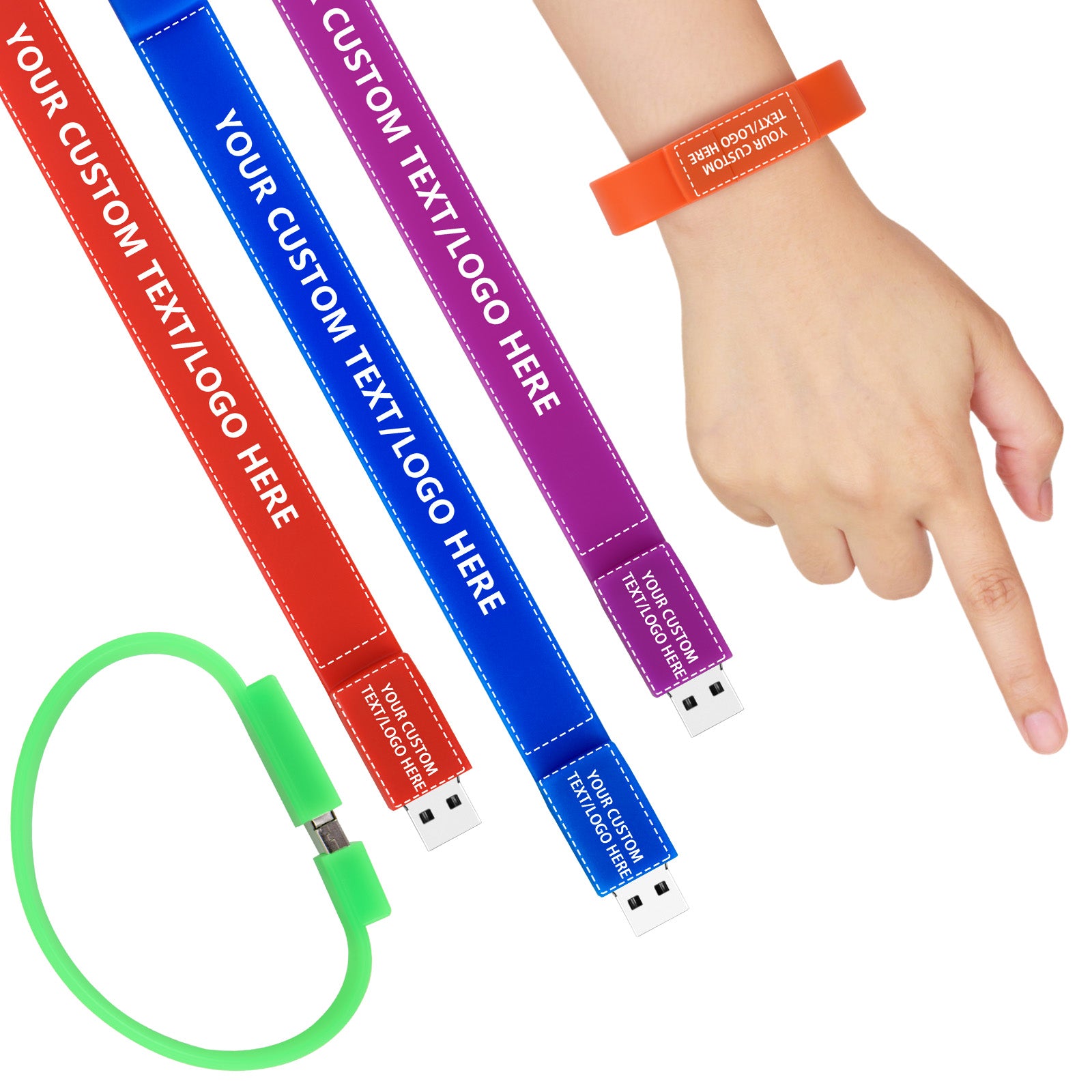 Custom Wristband USB Flash Drives Bulk, Personalized Logo or Text - 50 Pack