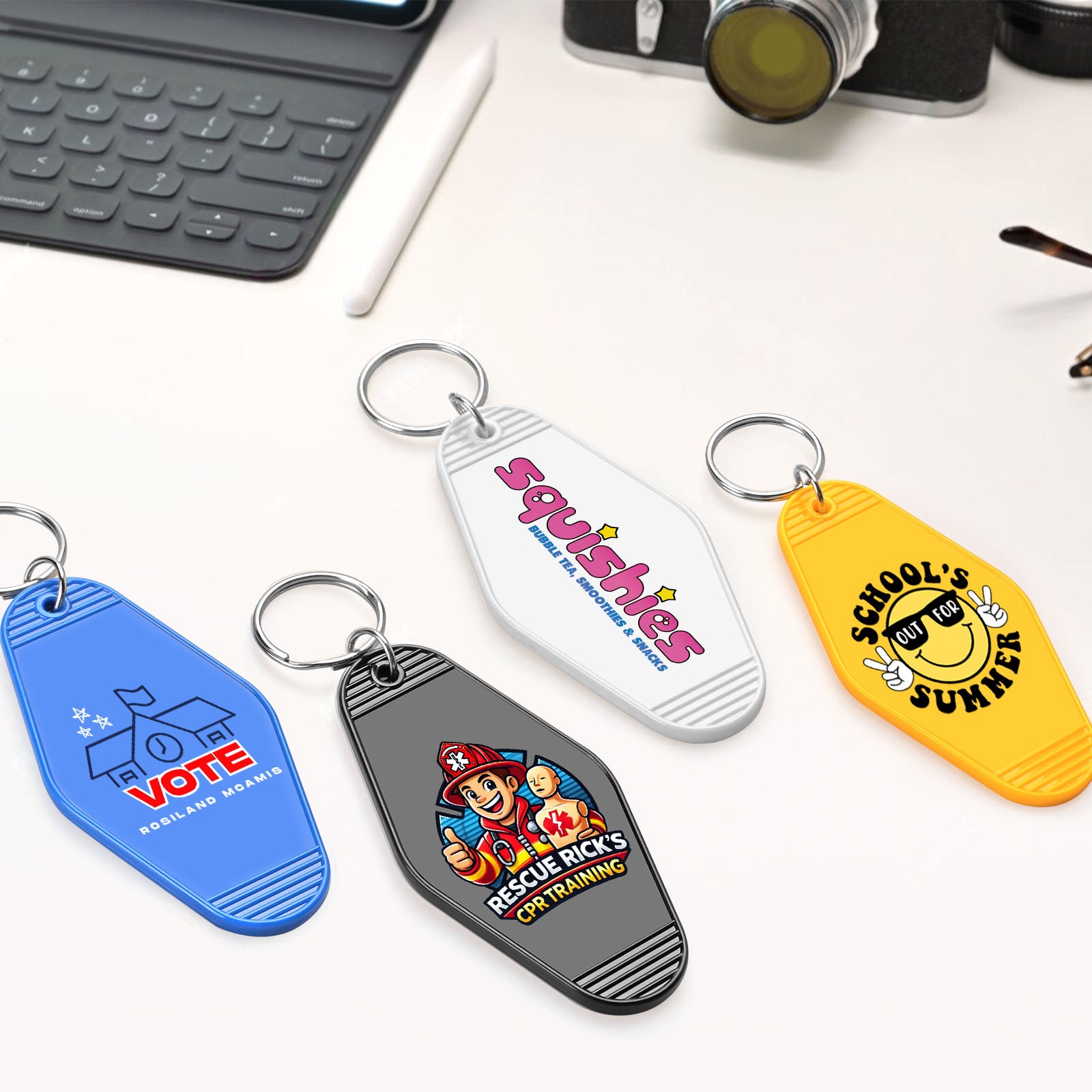 Custom Vintage Hotel Motel Keychains, Personalized Logo, Text Bulk