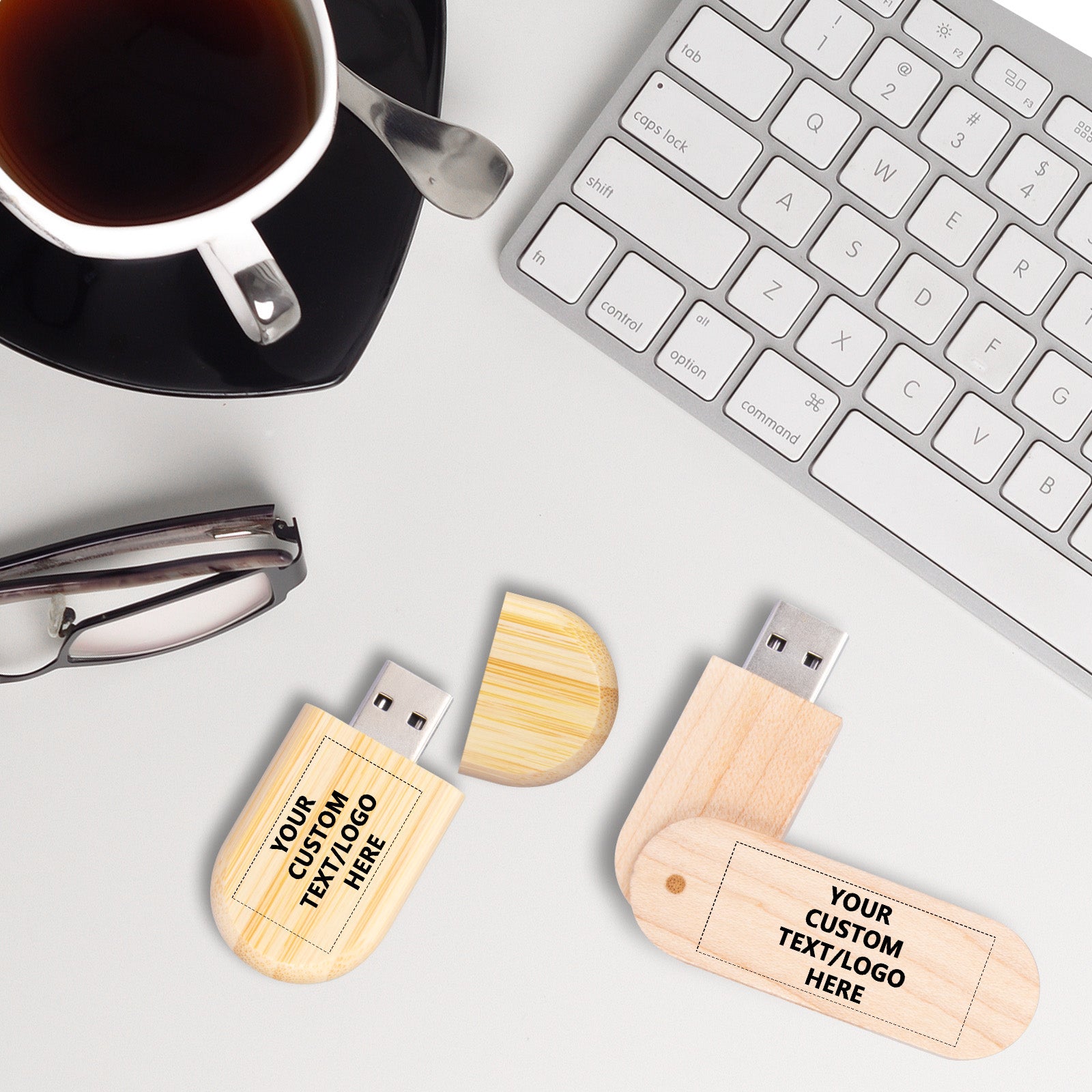Custom Wood USB Flash Drives Bulk, Personalized Logo or Text - 50 Pack